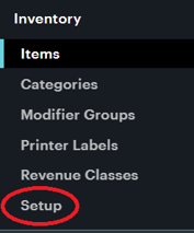 inventory sub menu from clover navigation panel with setup highlighted